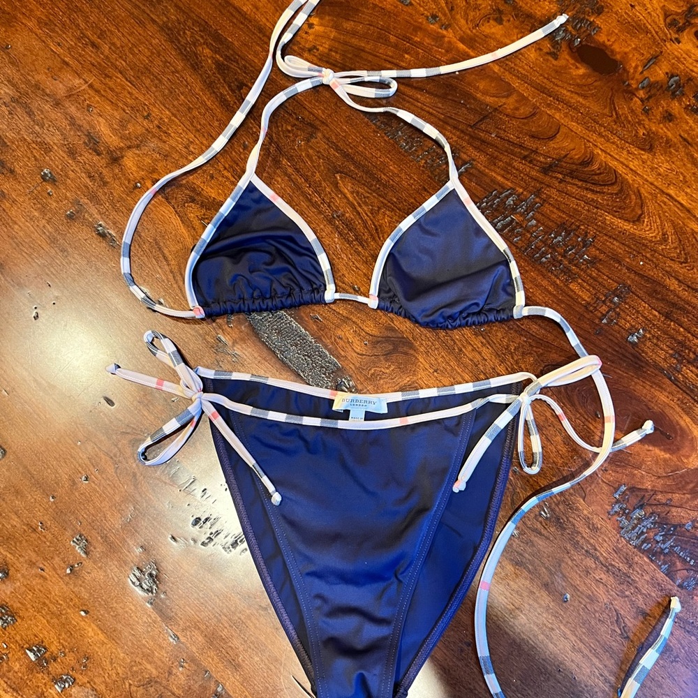 Burberry Navy Blue Triangle Bikini Set with Check Trim